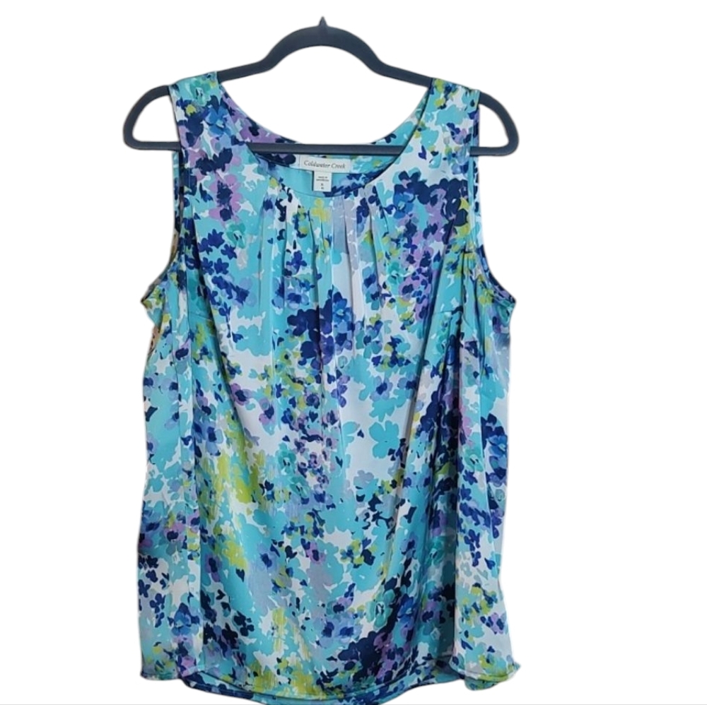 Turquoise Floral Sleeveless Coldwater Creek Top W/ Pleated Round Neck Sz 16 / XL
